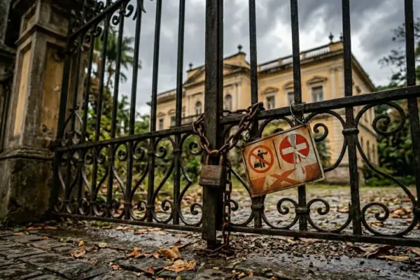 Fotografia ultra-realista Cartões-postais fechados do Museu Mariano Procópio em Juiz de Fora, com cadeado e placa de interdição, e a fachada do casarão histórico ao fundo sob céu nublado.