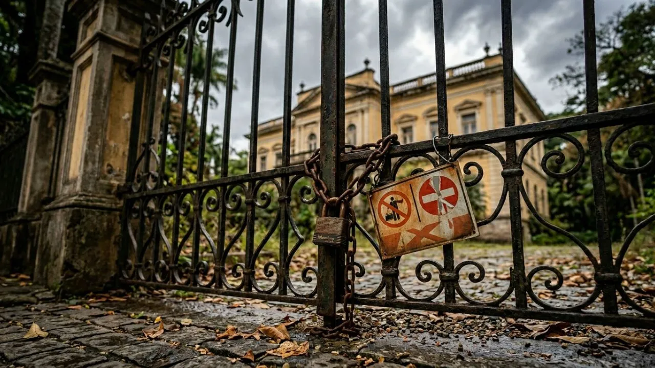 Fotografia ultra-realista Cartões-postais fechados do Museu Mariano Procópio em Juiz de Fora, com cadeado e placa de interdição, e a fachada do casarão histórico ao fundo sob céu nublado.
