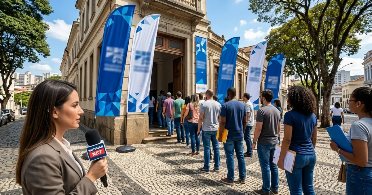Vista externa de uma fila organizada de pessoas entrando em um prédio público em Juiz de Fora para um mutirão de renegociação de dívidas de energia elétrica.