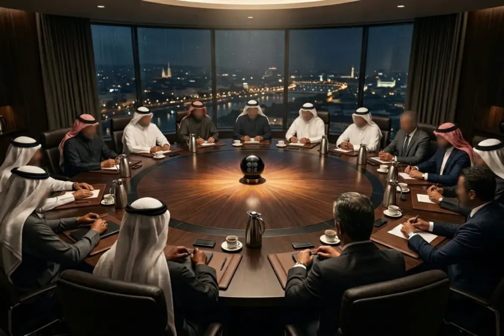 Fotografia ultra-realista em 8k capturada por cima do ombro, mostrando uma reunião confidencial da OPEP ao redor de uma mesa circular maciça em Viena, com líderes vistos de costas focados em um símbolo central de petróleo, sob iluminação cinematográfica, veja o que é Opep.