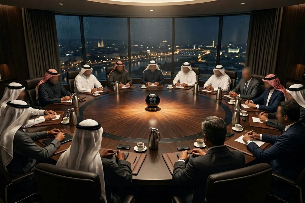 Fotografia ultra-realista em 8k capturada por cima do ombro, mostrando uma reunião confidencial da OPEP ao redor de uma mesa circular maciça em Viena, com líderes vistos de costas focados em um símbolo central de petróleo, sob iluminação cinematográfica, veja o que é Opep.