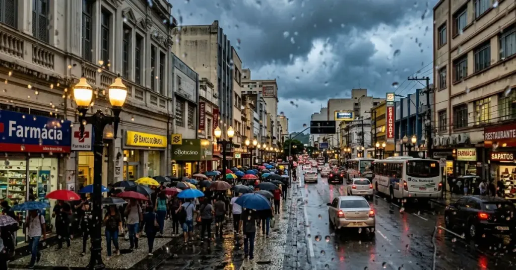 Vista do centro de Juiz de Fora sob céu nublado durante alerta de previsão de chuva para o fim de semana.