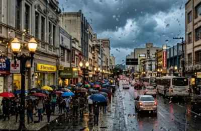 Vista do centro de Juiz de Fora sob céu nublado durante alerta de previsão de chuva para o fim de semana.