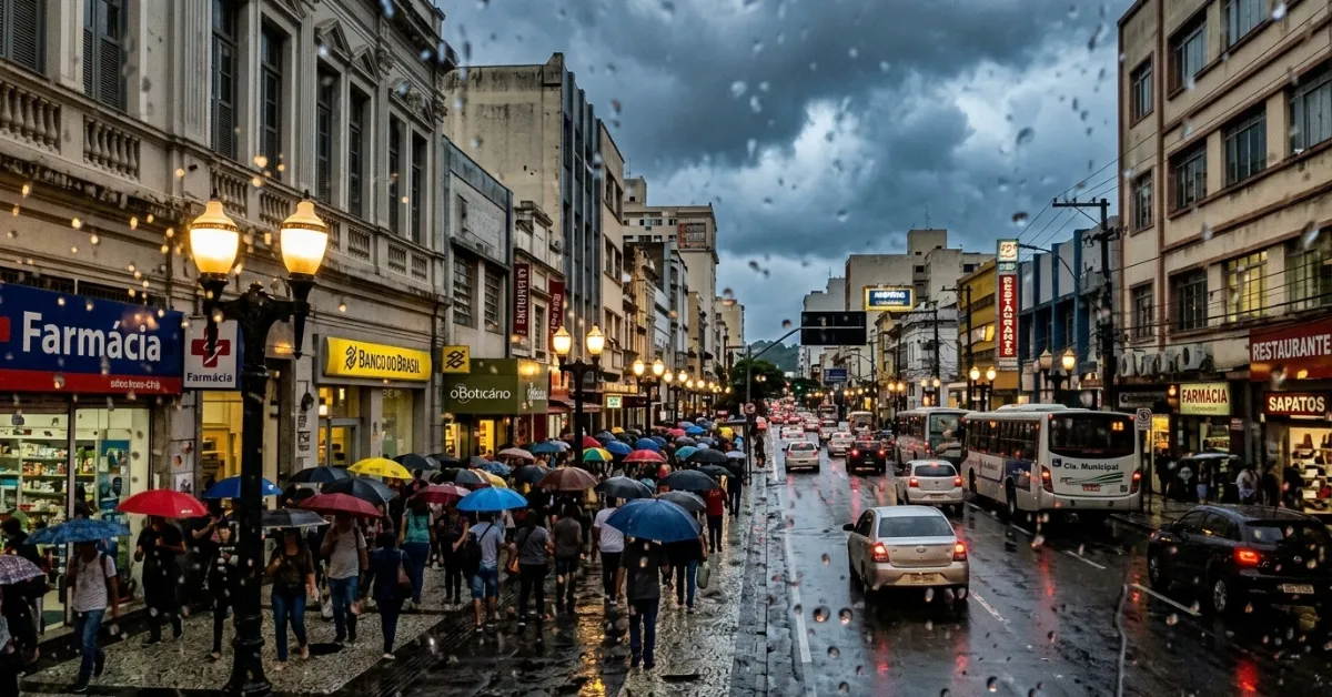 Vista do centro de Juiz de Fora sob céu nublado durante alerta de previsão de chuva para o fim de semana.