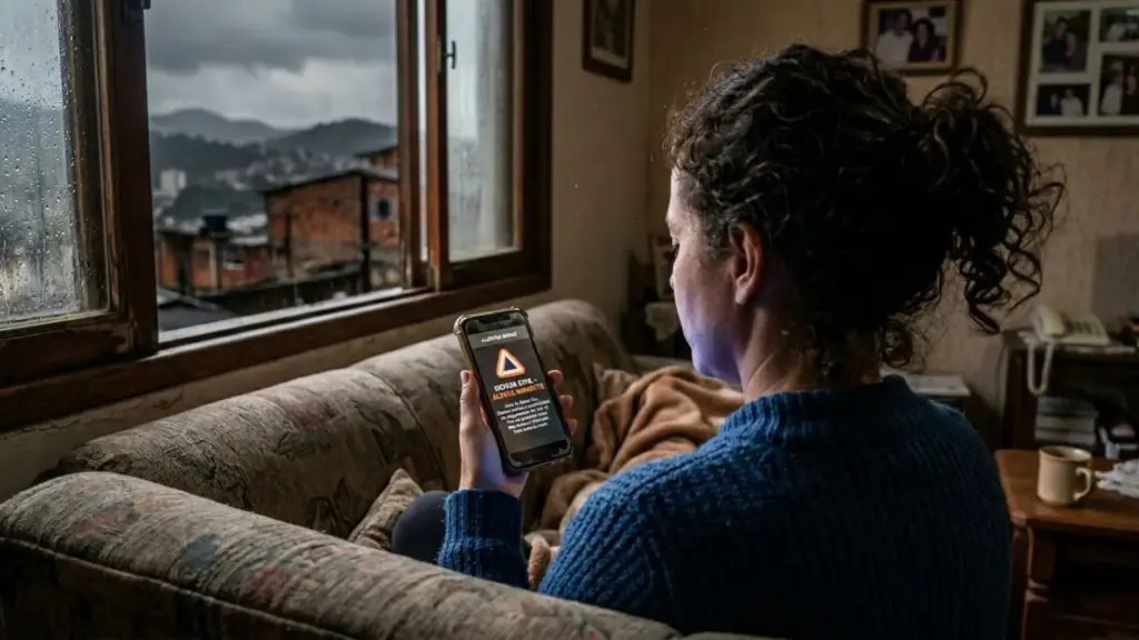 Fotografia ultra-realista em 8k capturada por cima do ombro de uma mulher em uma sala de estar em Juiz de Fora, segurando um smartphone que exibe uma notificação pop-up de mensagem da Defesa Civil durante uma tempestade visível pela janela.