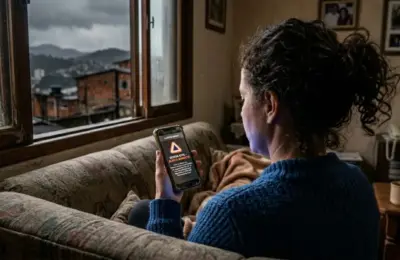 Fotografia ultra-realista em 8k capturada por cima do ombro de uma mulher em uma sala de estar em Juiz de Fora, segurando um smartphone que exibe uma notificação pop-up de mensagem da Defesa Civil durante uma tempestade visível pela janela.