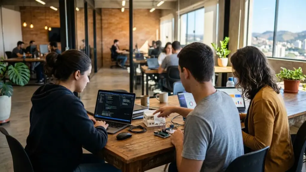 Fotografia ultra-realista em HD de profissionais de Tecnologia em Juiz de Fora colaborando em um hub de inovação moderno em Juiz de Fora, com notebooks, dispositivos IoT e vista da cidade ao fundo.