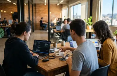 Fotografia ultra-realista em HD de profissionais de Tecnologia em Juiz de Fora colaborando em um hub de inovação moderno em Juiz de Fora, com notebooks, dispositivos IoT e vista da cidade ao fundo.