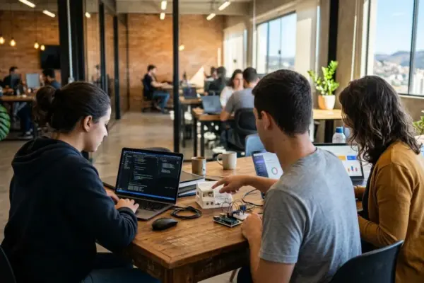 Fotografia ultra-realista em HD de profissionais de Tecnologia em Juiz de Fora colaborando em um hub de inovação moderno em Juiz de Fora, com notebooks, dispositivos IoT e vista da cidade ao fundo.