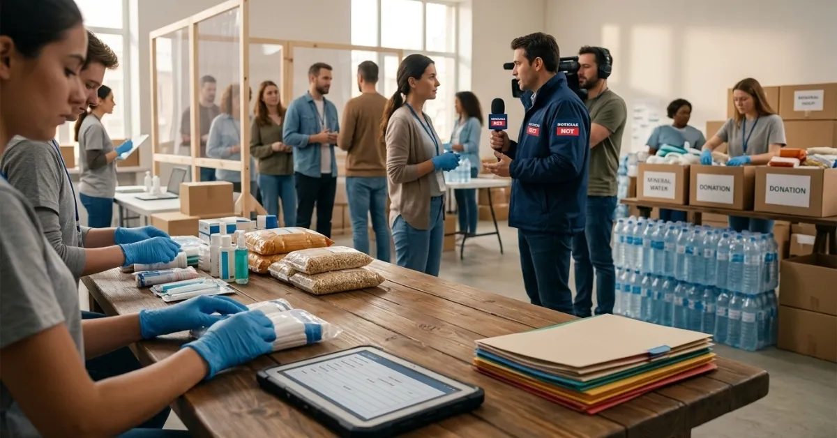 Close-up das mãos de estudantes organizando kits de higiene e um tablet em uma mesa de triagem dentro de uma faculdade em Juiz de Fora, durante atendimento a vítimas de chuvas.