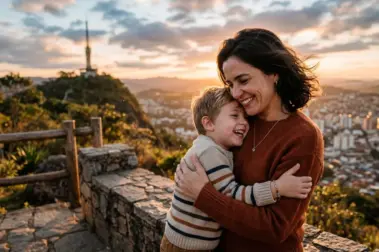 Dia das Mães abraço de filho na mãe